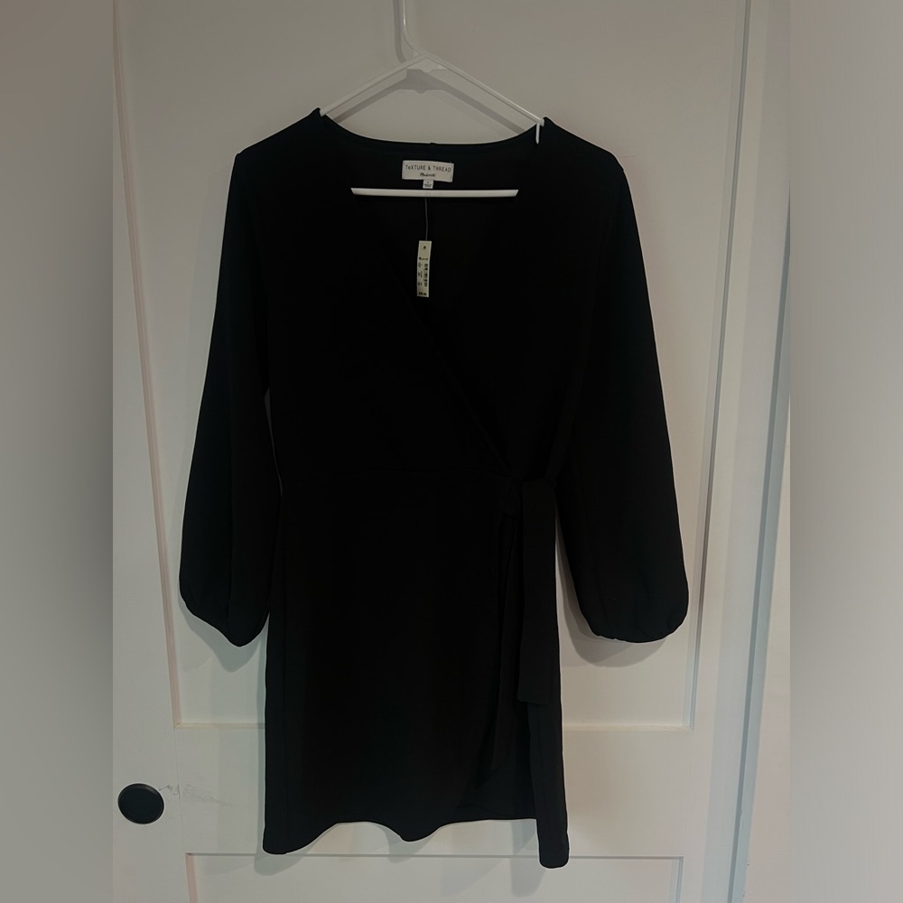 Madewell Faux Wrap Dress NWT Black Size Small Flowy Tie Waist Long Sleeve